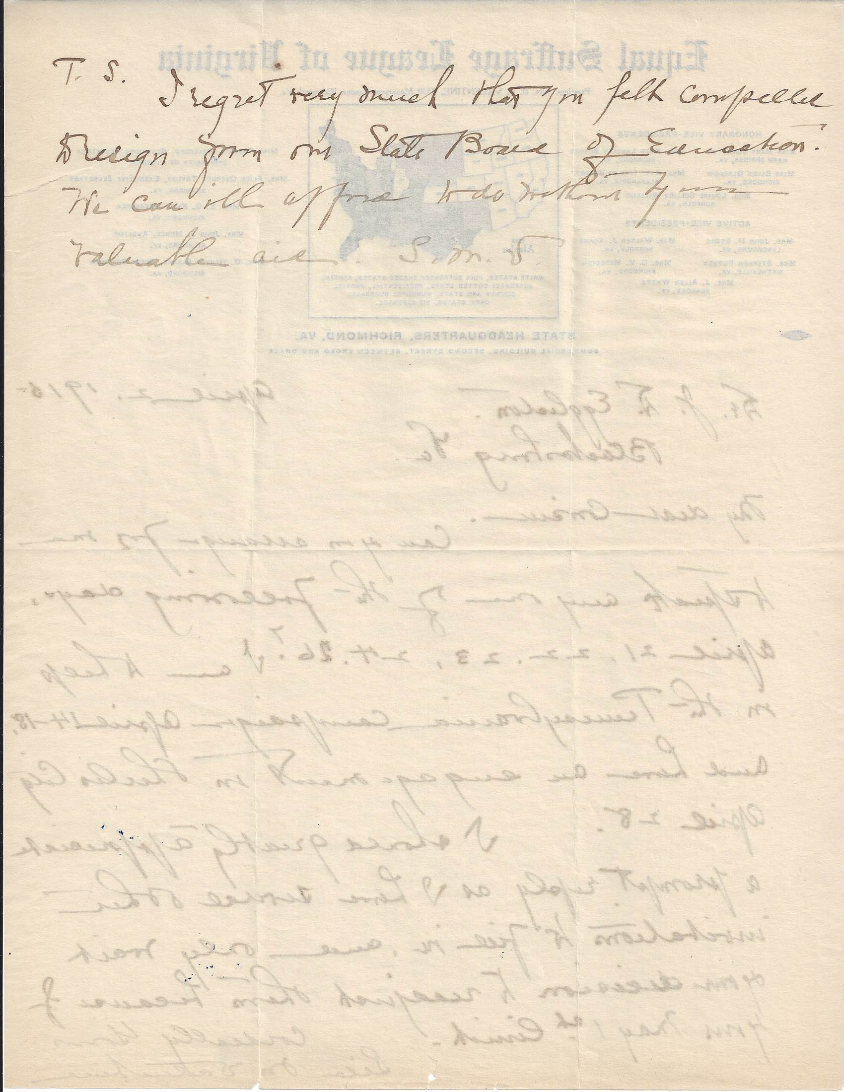 Page two of a 1915 letter from Lila Meade Valentine to J. D. Eggleston. The letter is on Equal Suffrage League of Virginia stationery.