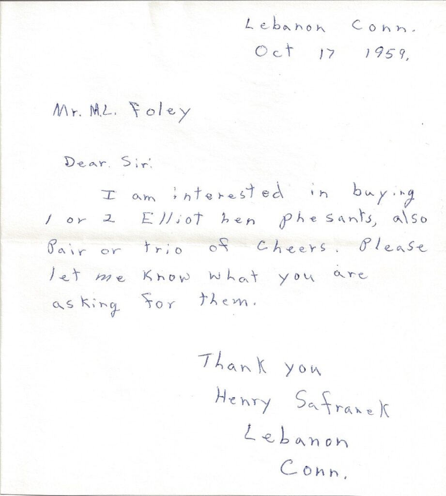 Letter from Henry Safranek to M.L. Foley dated October 17, 1959