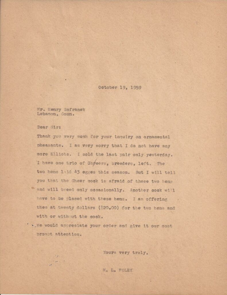 Letter from M.L. Foley to Henry Safranek dated October 19, 1959