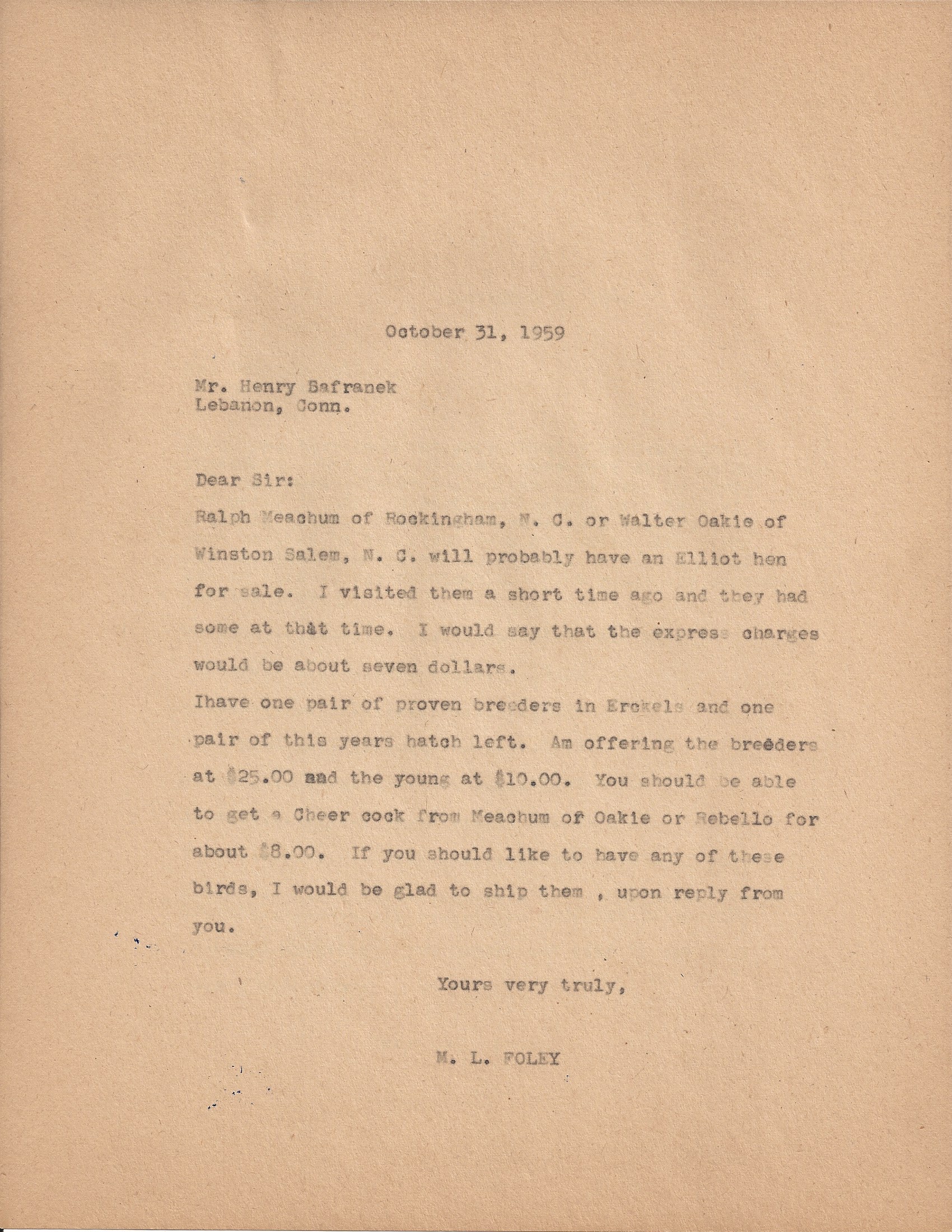Letter from M.L. Foley to Henry Safranek dated October 31, 1959
