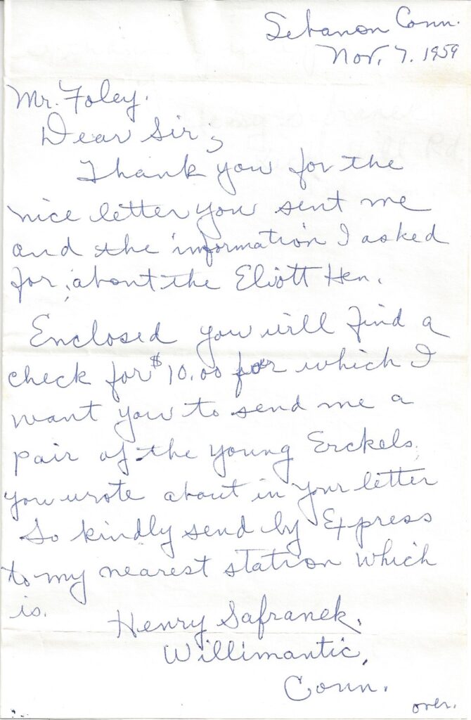 Page 1 of letter from Henry Safranek to M.L. Foley dated November 11, 1959