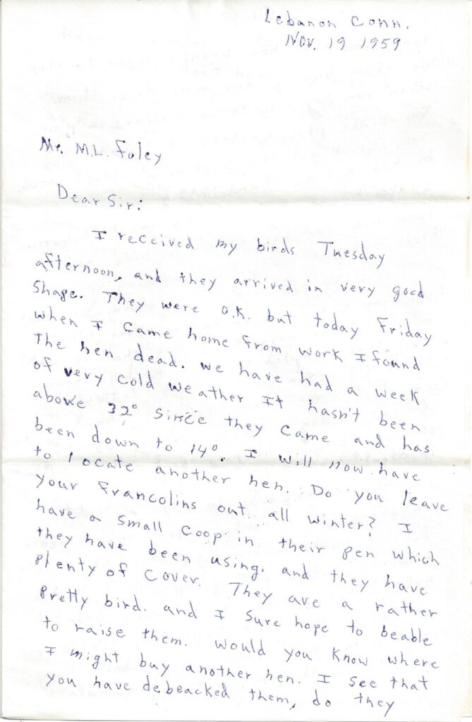 Page 1 of letter from Henry Safranek to M.L. Foley dated November 19, 1959