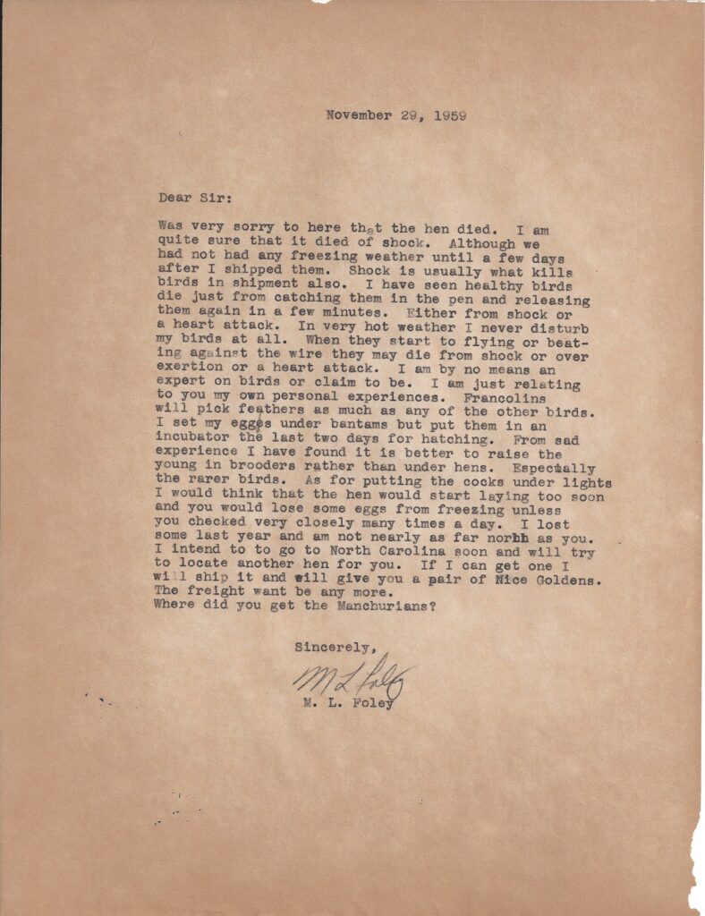 Letter from M.L. Foley to Henry Safranek dated November 29, 1959