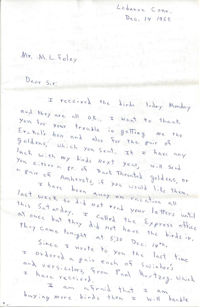 Page 1 of letter from Henry Safranek to M.L. Foley dated December 14, 1959