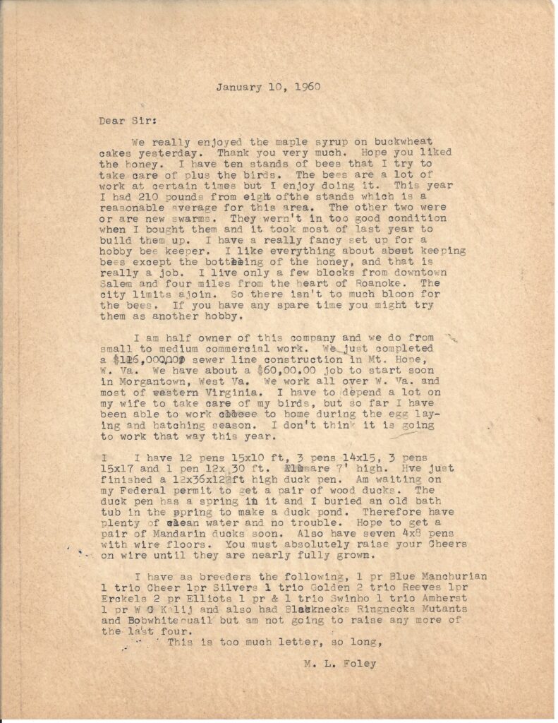 Letter from M.L. Foley dated January 10, 1960